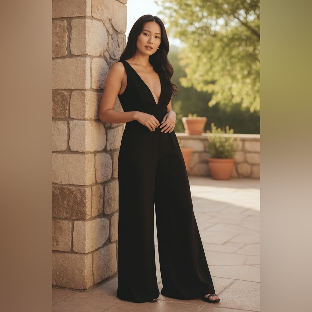 BCBGeneration Black Metallic Silver Thread V-Neck Wide Leg Jumpsuit XS